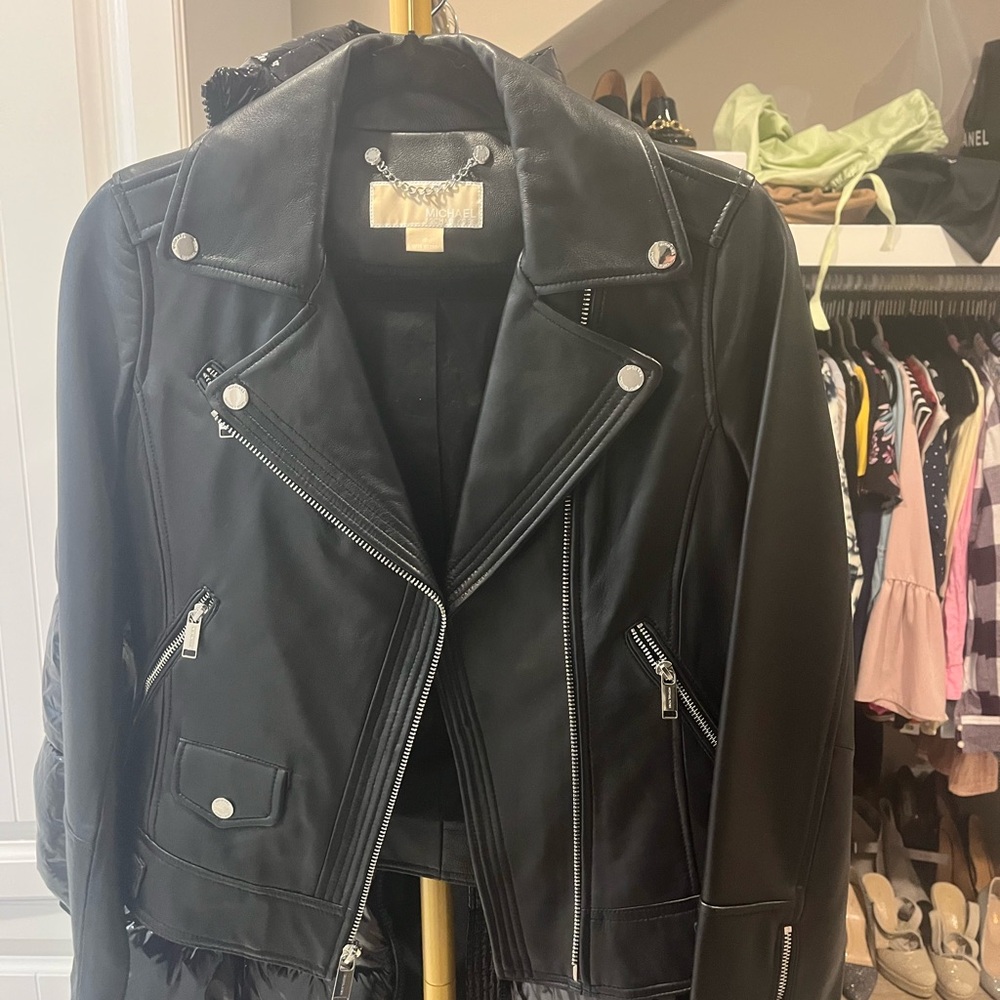 Michael Kors Black Leather Jacket with Silver Details